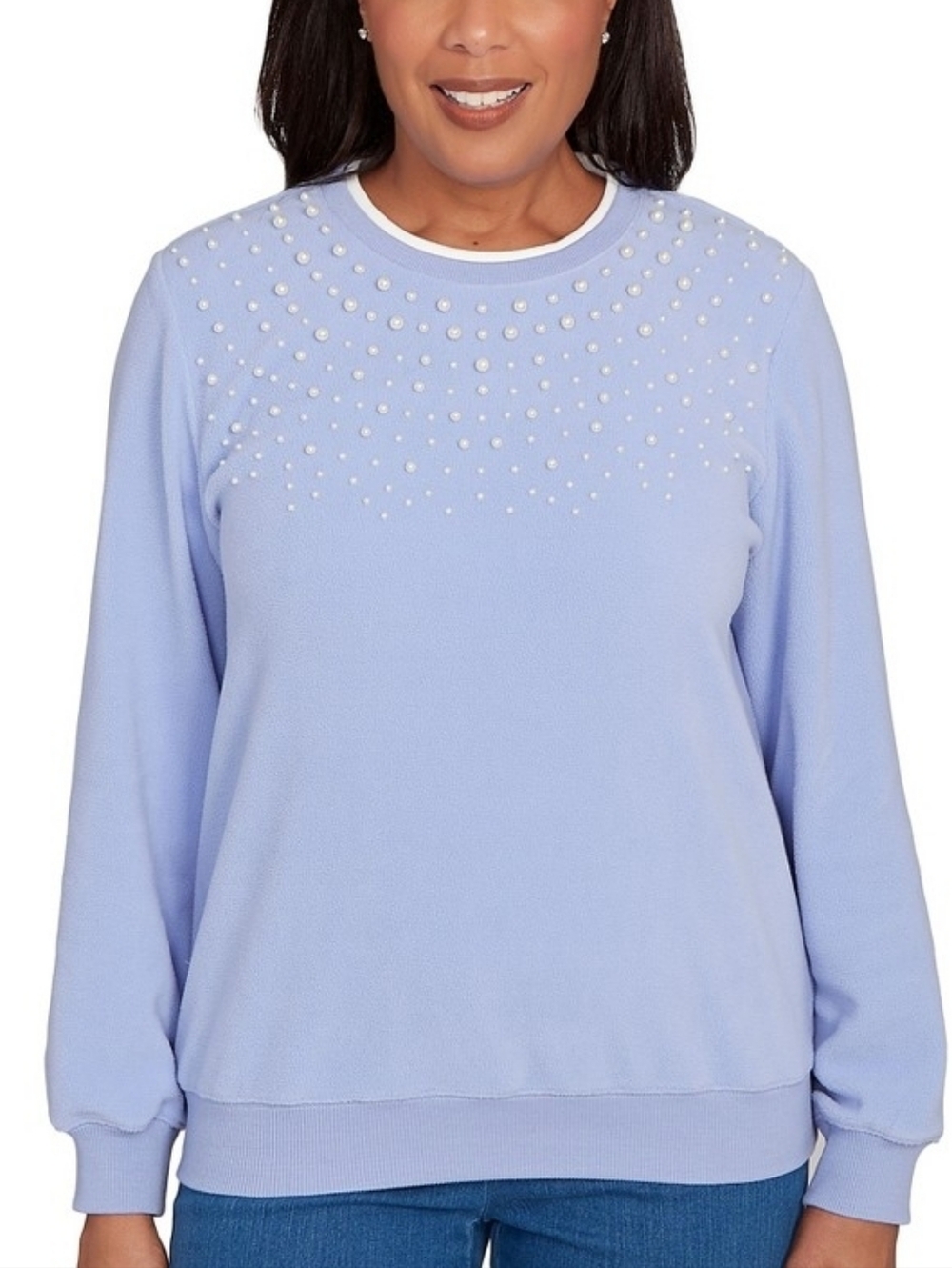 Alfred Dunner Light Blue Pearl Embellished Pullover Fleece Sweater Size Small